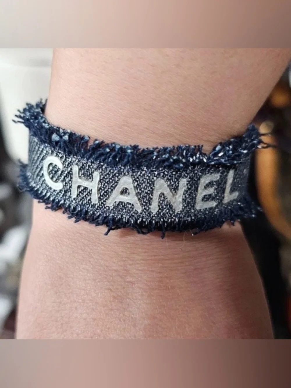 Authentic CHANEL Women Denim Wristband Leather Bangle With Hook - Worn Leather
